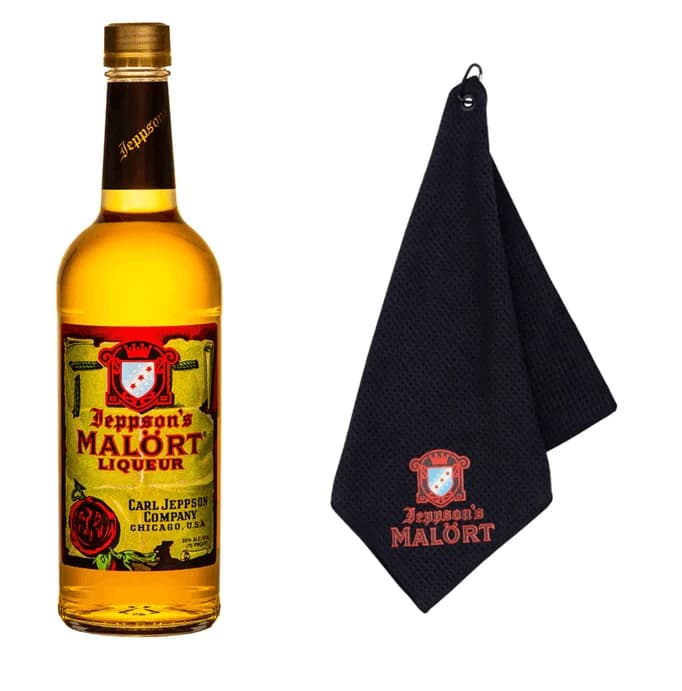 Bottle of Malort and Golf Towel