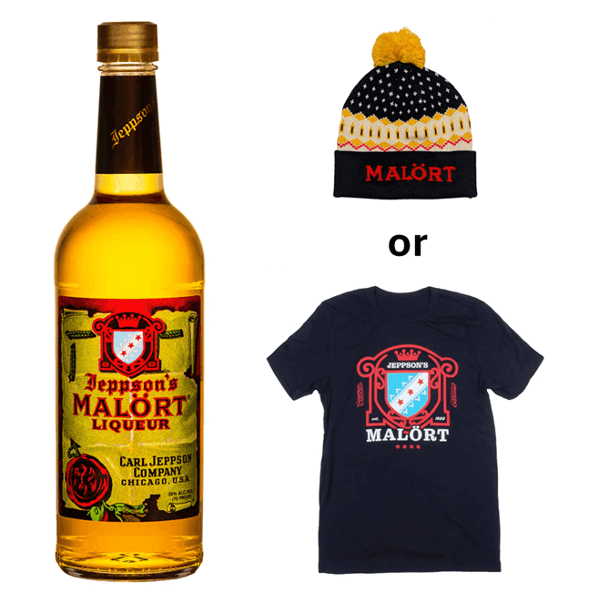 Image of Bottle of Malort and holiday Pom Pom Beanie & t-shirt