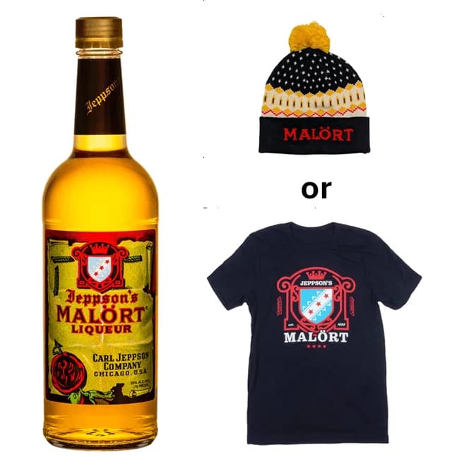 Image of Bottle of Malort and holiday Pom Pom Beanie & t-shirt