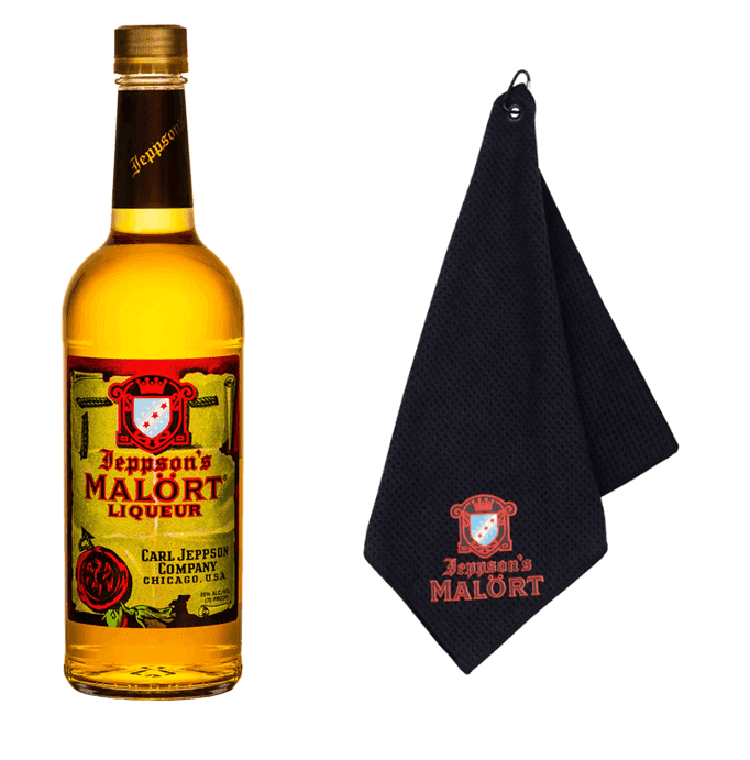 Bottle of Malort and Golf Towel